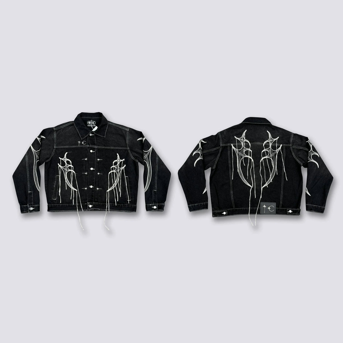 Thug Club Spider Web Fringe Embroidery Cropped Denim Jacket, Y2K Gothic Distressed Black Jean Coat