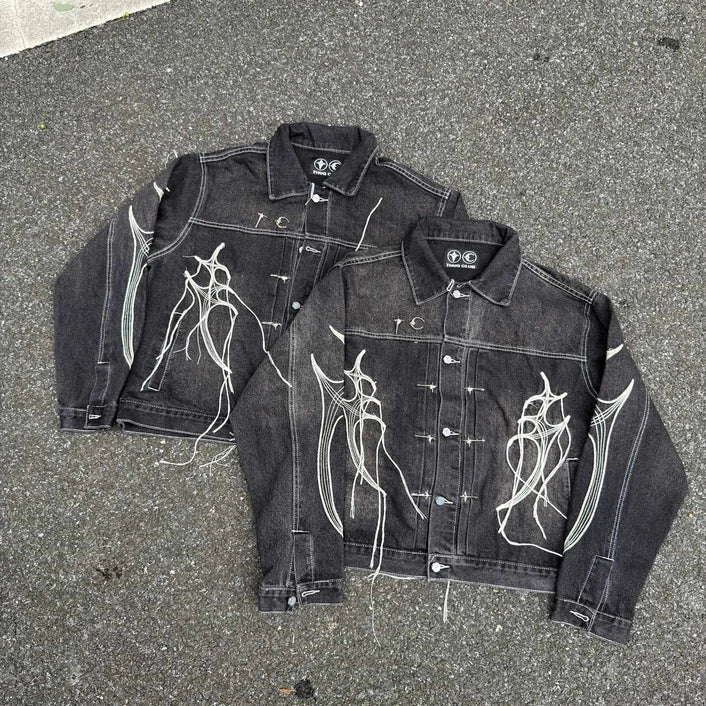 Thug Club Spider Web Fringe Embroidery Cropped Denim Jacket, Y2K Gothic Distressed Black Jean Coat