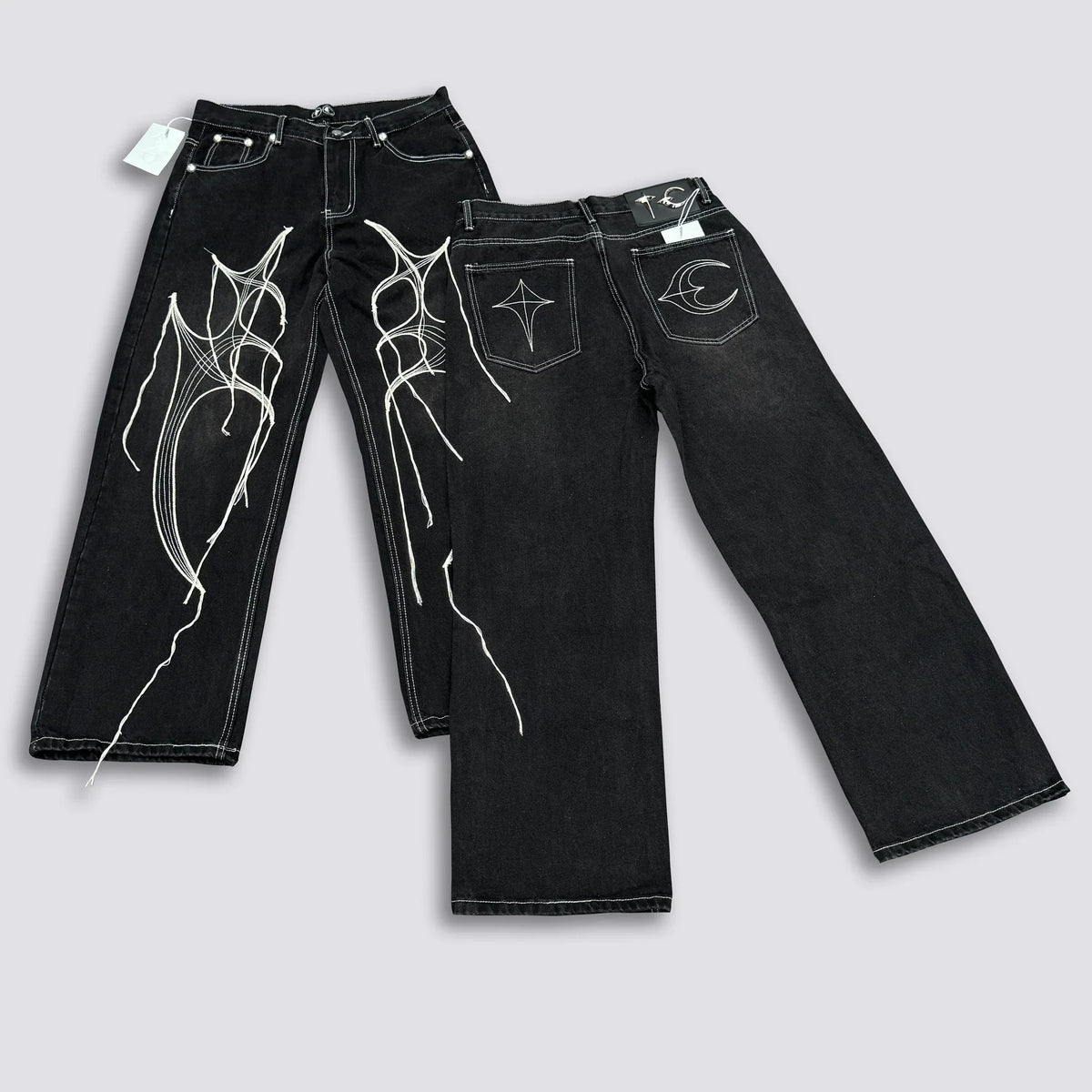 Thug Club Abstract Line Embroidery Black Wide Leg Jeans, Y2K Gothic Baggy Denim Pants