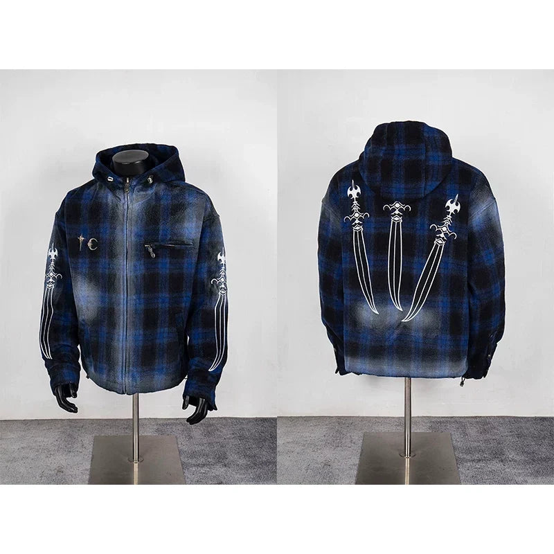 Thug Club Blue Plaid Hooded Zip Jacket, Y2K Gothic Swords Print Wool Blend Oversized Coat